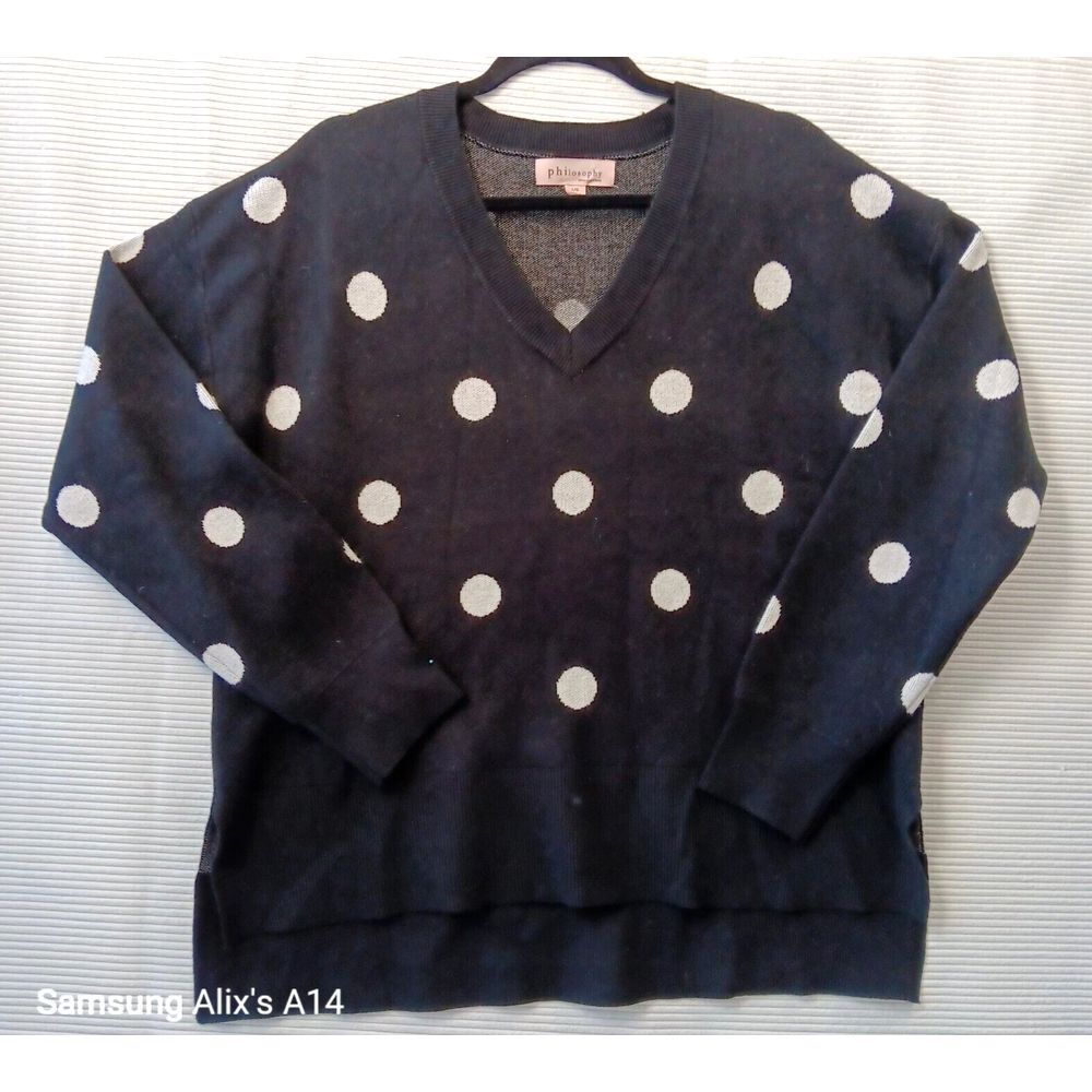 Philosophy Womens high-low Sweater Large Black White Polka Dot Pullover V-Neck